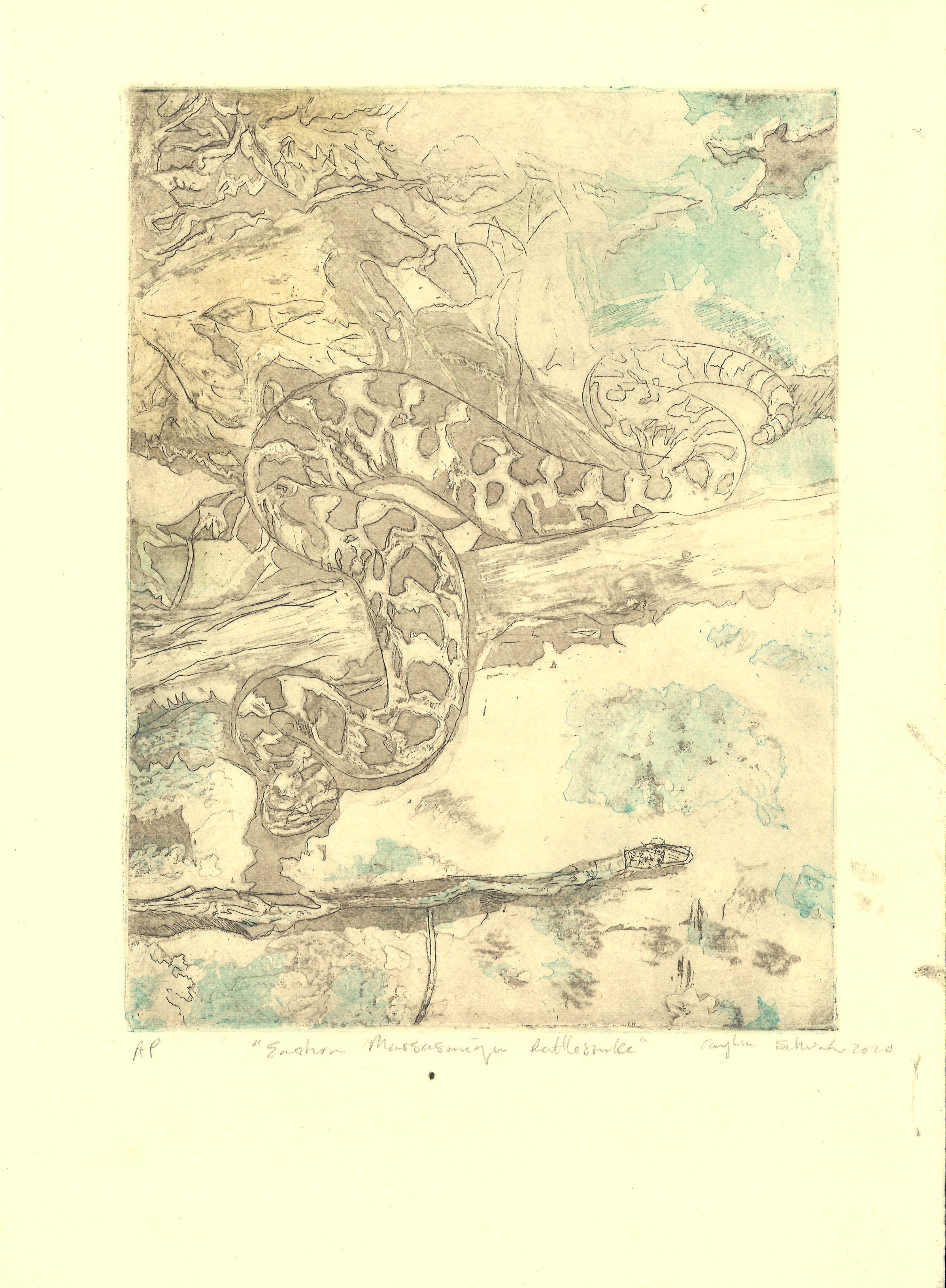 Eastern Massasauga Rattlesnake. Fall 2020, intaglio etching with aquatint on cream paper. 15"×11".